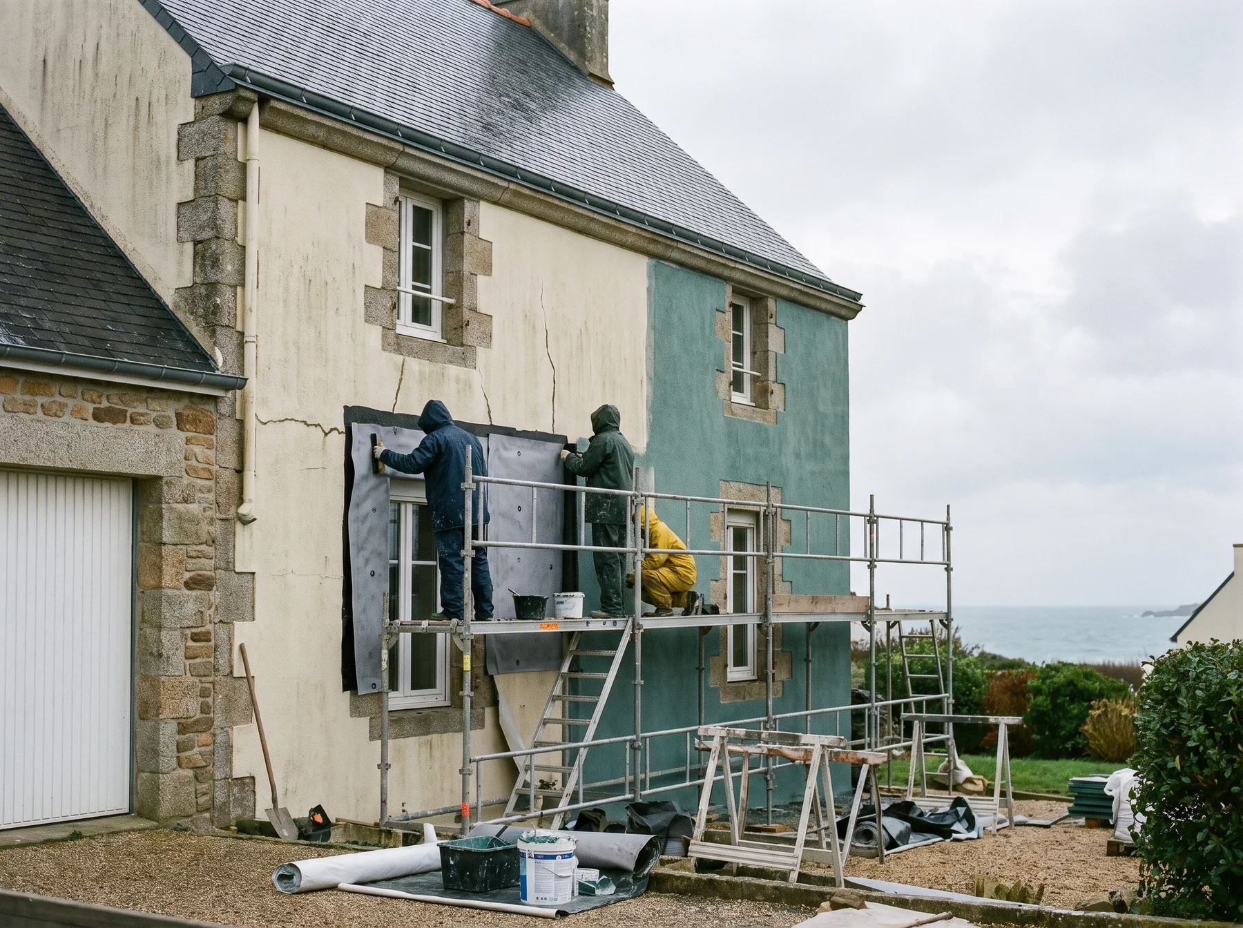 Pose d'un revêtement d'étanchéité de façade