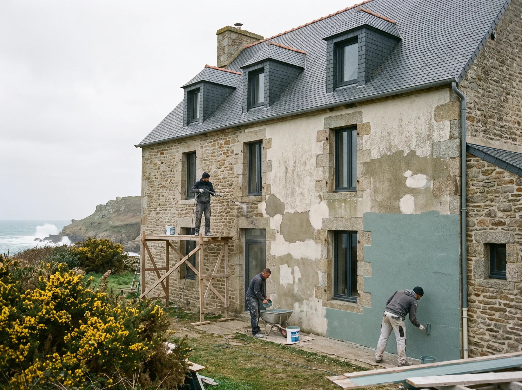 Ravalement d'une façade de maison dans la région de Brest